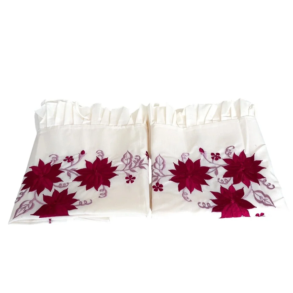 Vintage Floral Embroidered Ruffle Cottage Pillow Shams White Red Farmhouse 28X17